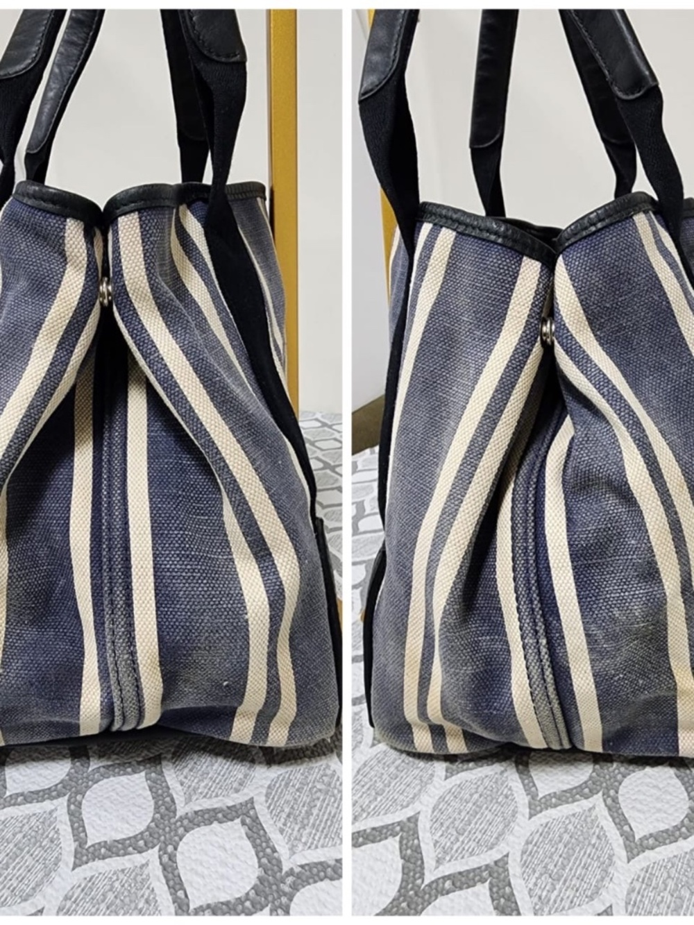 Authentic Balenciaga Canvas Striped Navy Cabas S Tote Bag Navy Blue/White/Black - Picture 6 of 12